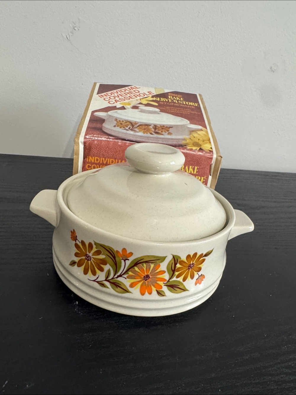 Individual Stoneware Covered Casserole Dish in Cream with Orange Floral Pattern